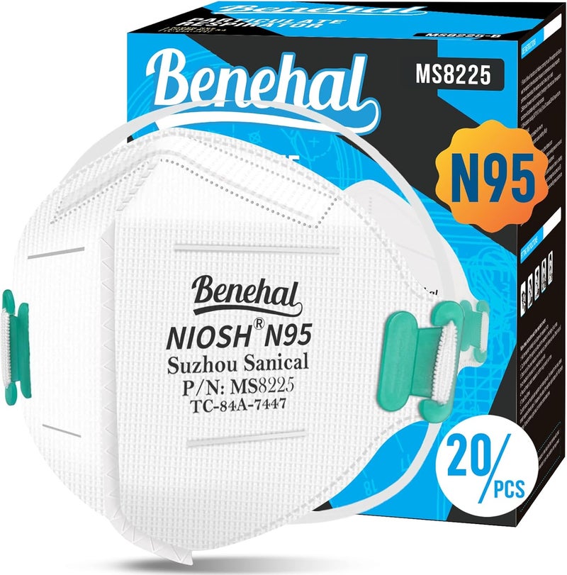 benehal NIOSH Approved N95 Mask Particulate Respirators, Pack of 20 N95 Face Masks, Individually Wrapped, Universal Fit - Image 1